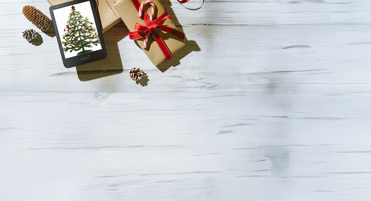 eBook Reader mit Weihnachtsbaum auf dem Screen